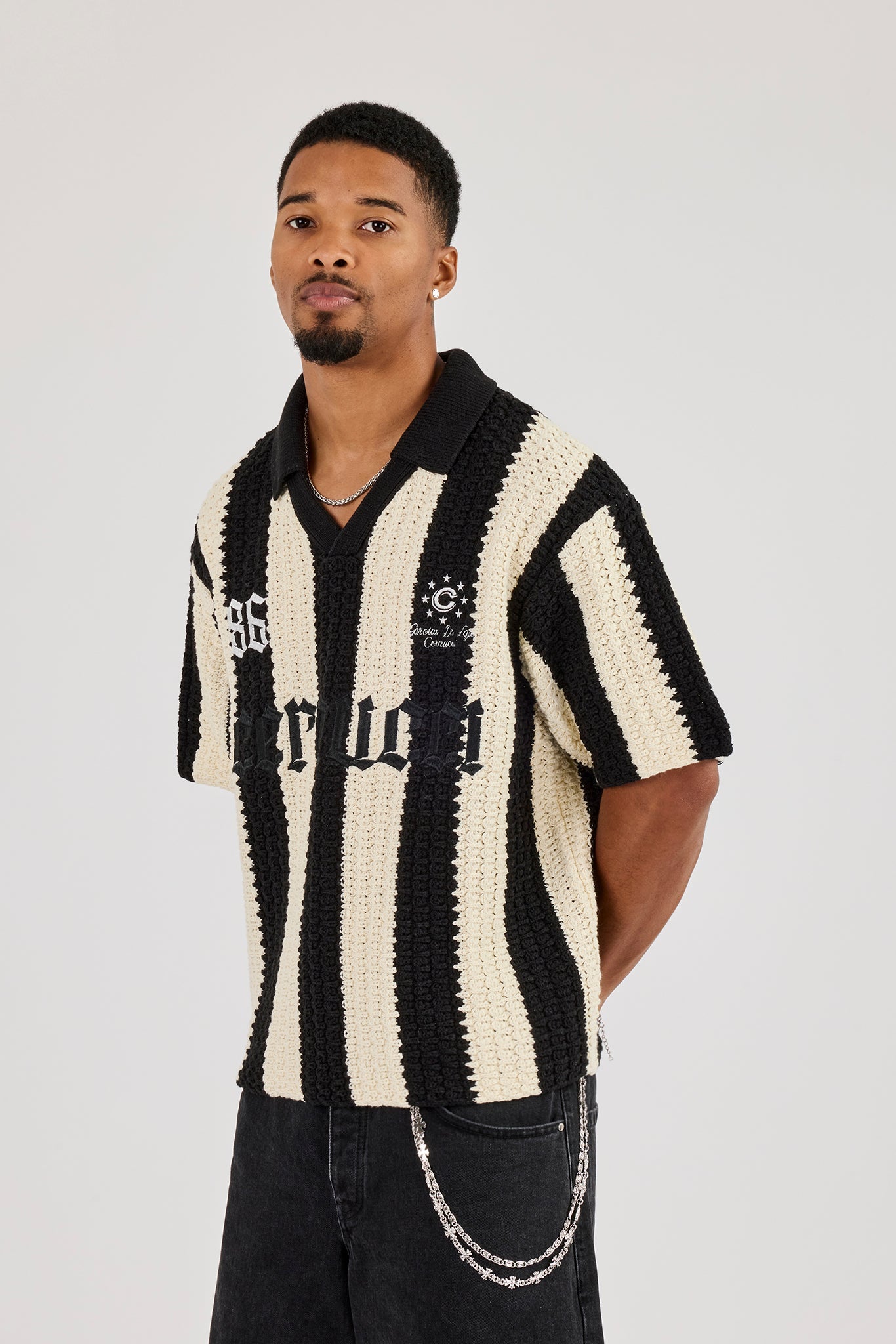 Knitted Striped Football Top - Black